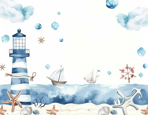 una pintura de un faro y el mar con un faro de rayas azules y blancas