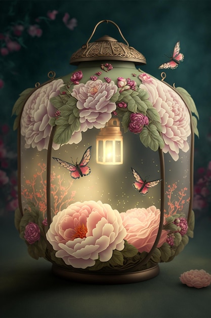 Pintura de un farol con flores y mariposas ai generativo.