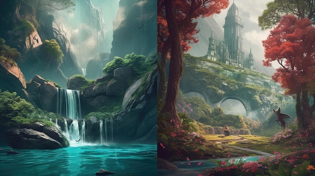 Pintura fascinante de IA generativa de uma paisagem de fantasia de uma selva com cachoeiras