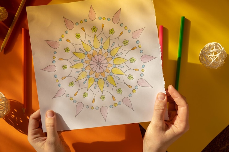 Foto pintura femenina de mandalas página antiestrés para combatir el estrés relajante pasatiempo bienestar mental y arte
