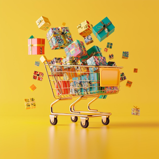Pintura festiva de un carrito de compras lleno de regalos