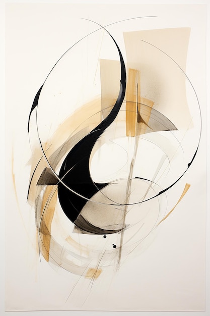 una pintura de una figura abstracta en blanco y negro con un diseño en negro y dorado.