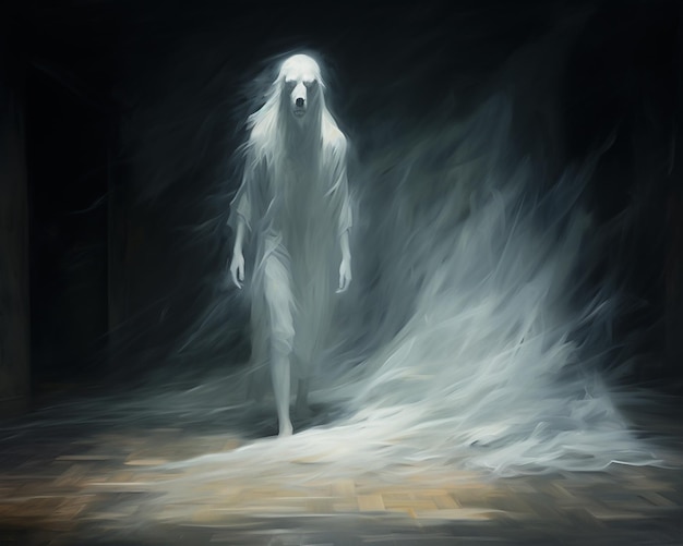 Foto pintura de una figura fantasmal caminando en una habitación oscura con una luz que viene de detrás generativo ai
