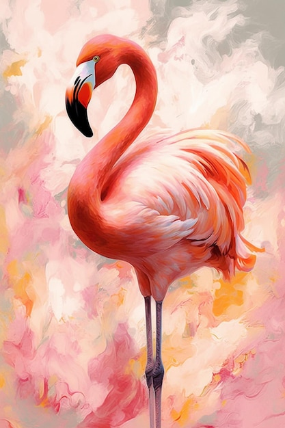 Una pintura de un flamenco con un fondo rosado