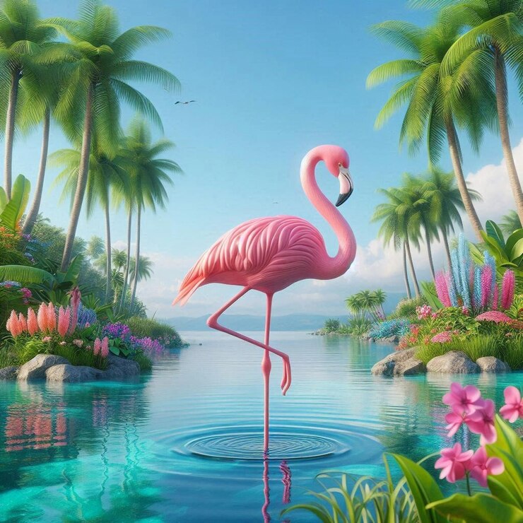 una pintura de un flamenco con palmeras y un pájaro en el fondo