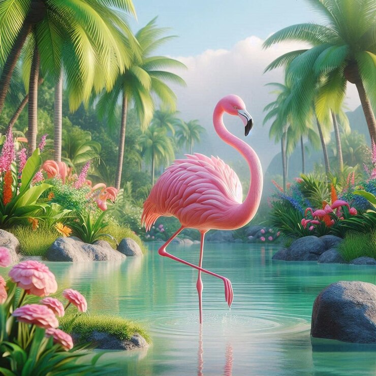 una pintura de un flamenco rosa en una jungla con flores y árboles