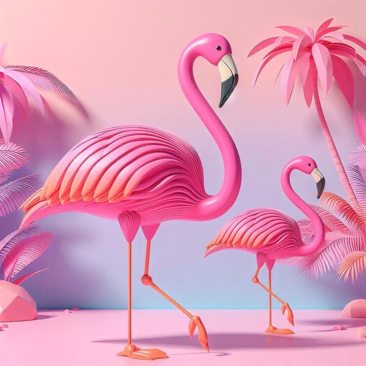 una pintura de flamencos rosados con palmeras en el fondo
