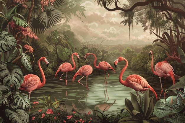 una pintura de flamencos en una selva con plantas y árboles