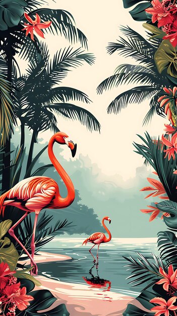 Foto una pintura de un flamingo con palmeras y un flamengo rojo