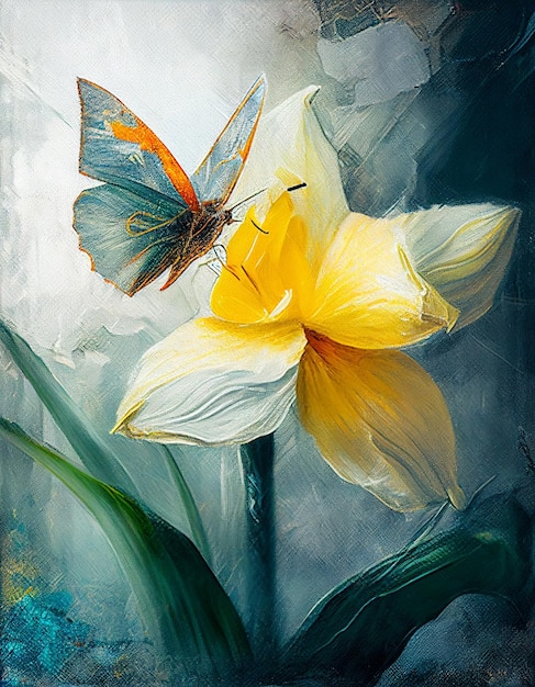 Una pintura de una flor amarilla con una mariposa.