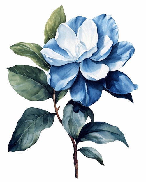 Una pintura de una flor azul y blanca con hojas verdes generativa ai