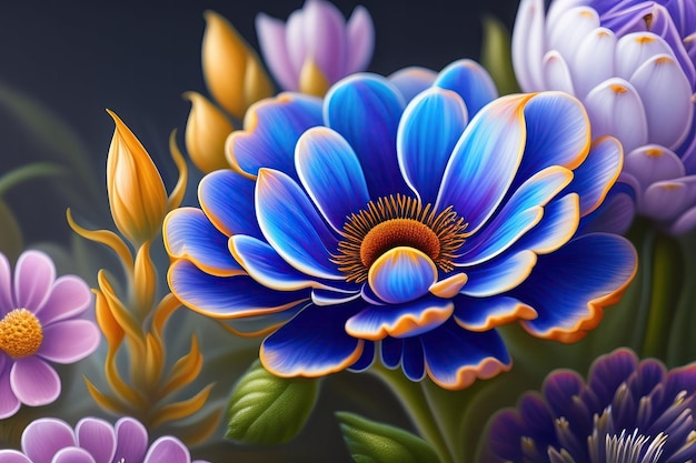 Una pintura de una flor azul con un centro amarillo.