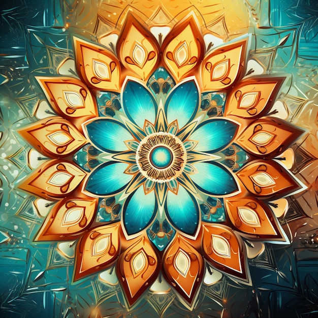 Pintura de una flor azul y naranja con un centro dorado generativo ai