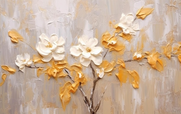 pintura de una flor blanca con hojas amarillas en una pared generativa ai