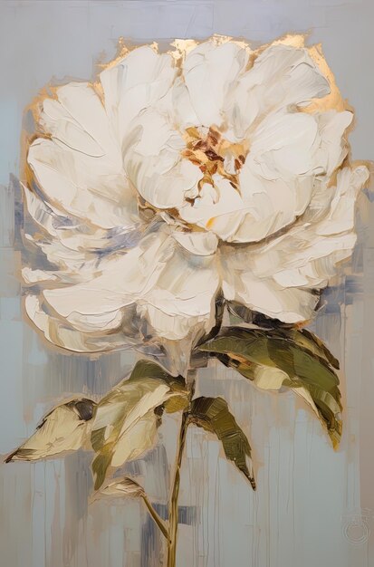 una pintura de una flor blanca con hojas de oro