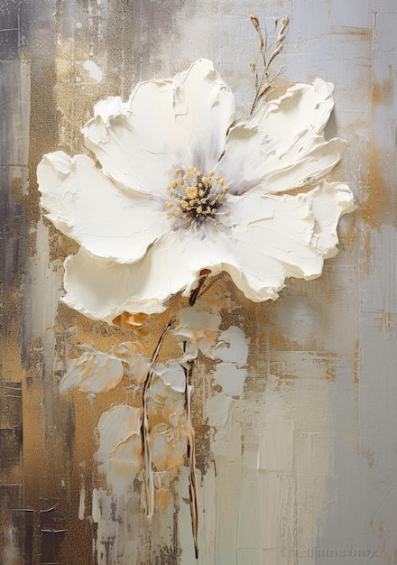 Una pintura de una flor blanca con hojas de oro.