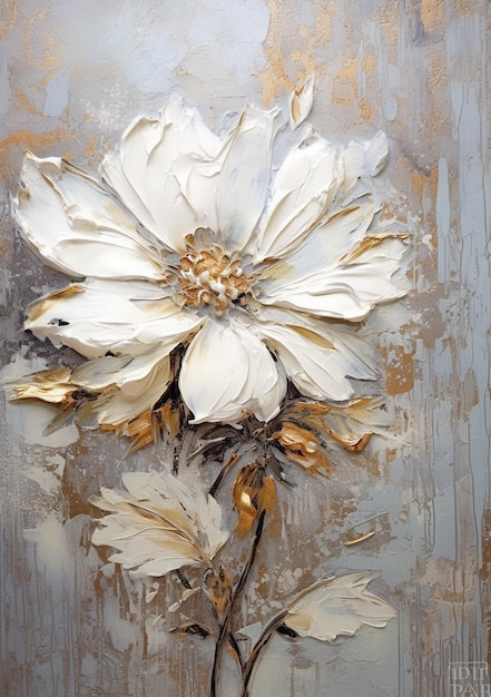 Una pintura de una flor blanca con hojas de oro.