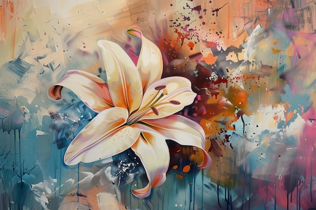 Una pintura de una flor blanca con un toque de color