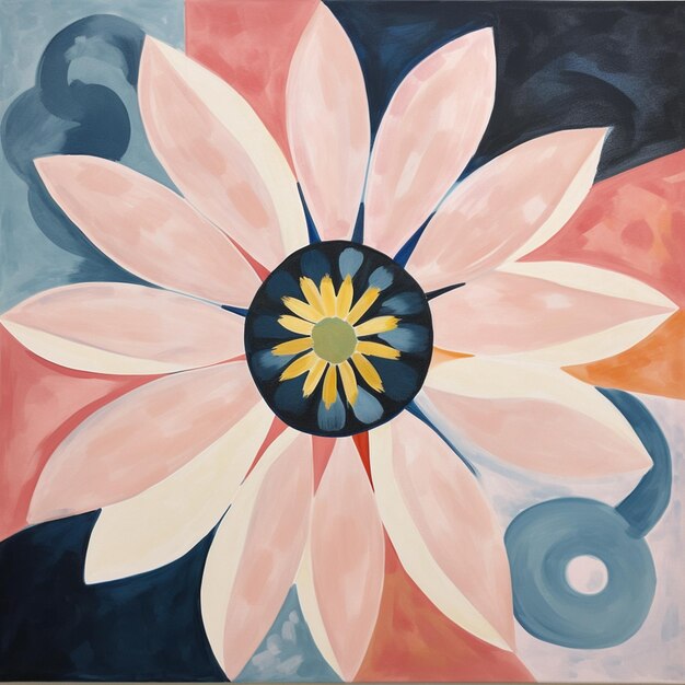 Una pintura de una flor con un centro rosa.