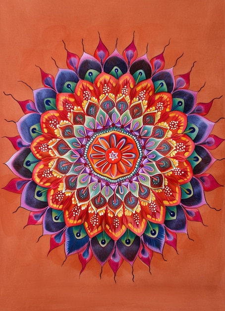 pintura de una flor colorida con un centro rojo en un fondo naranja generativo ai