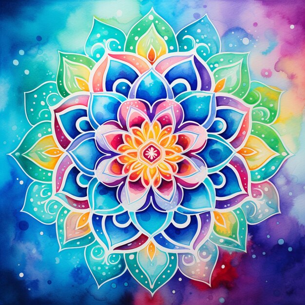 Pintura de una flor colorida con un fondo azul generativo ai