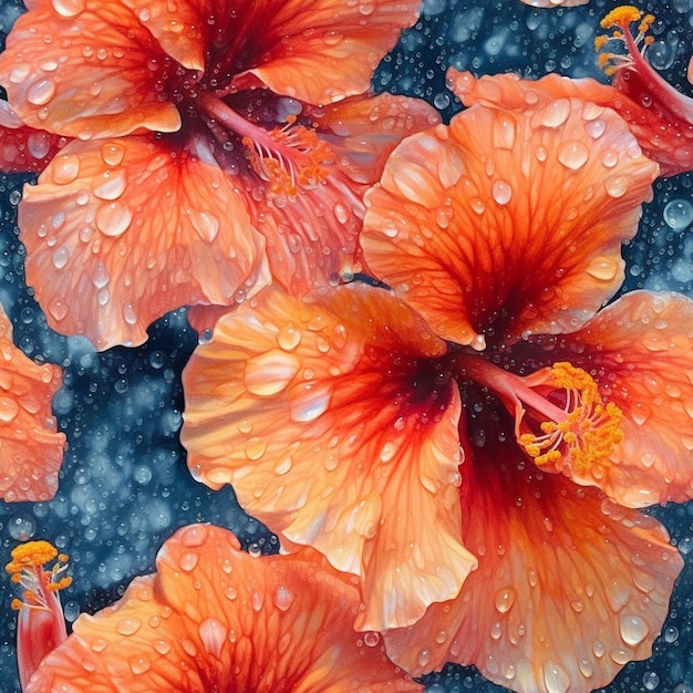 Una pintura de una flor con una gota de agua sobre ella.