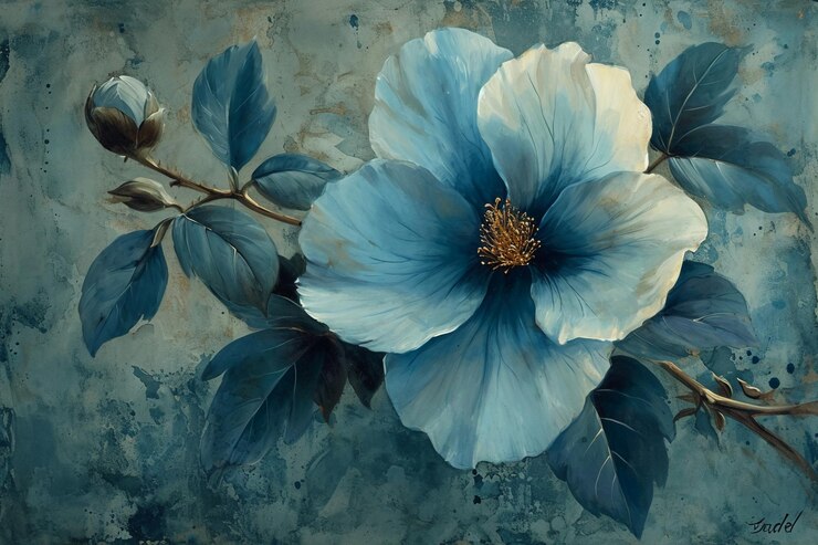una pintura de una flor y hojas en un fondo verde ligero índigo y azul acuarela realista