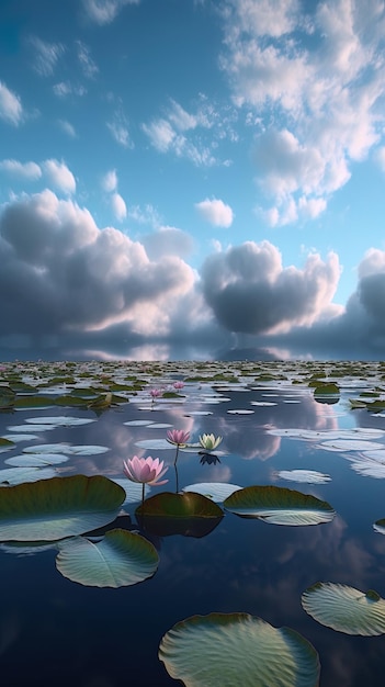 una pintura de una flor de loto con el cielo en el fondo