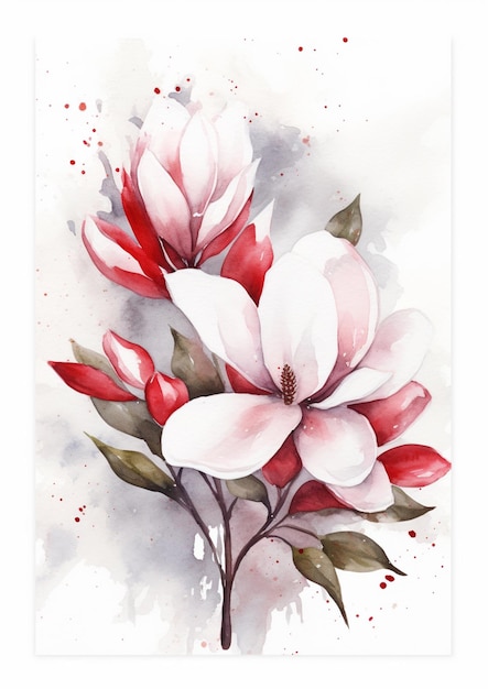 Una pintura de una flor de magnolia con hojas y pintura roja y blanca.