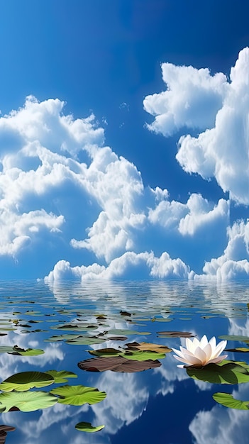 una pintura de una flor y nubes con el agua en el fondo