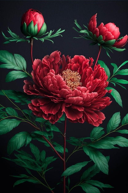 Pintura de una flor roja con hojas verdes generativa ai.