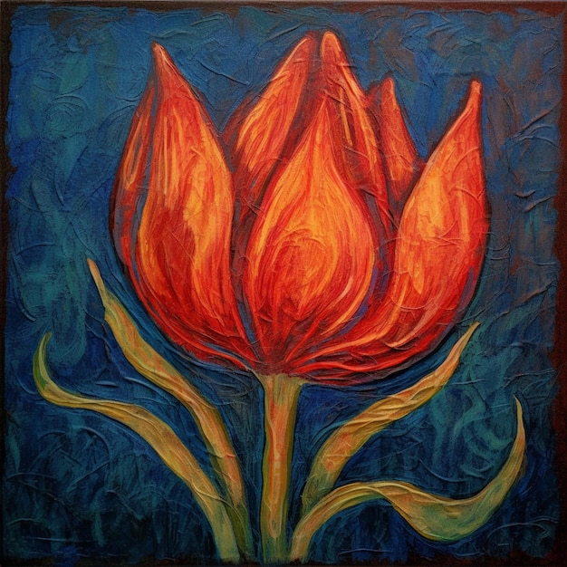 pintura de una flor roja con hojas verdes sobre un fondo azul ai generativo