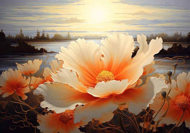 una pintura de una flor con el sol detrás de ella