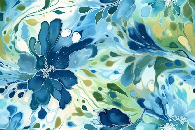 Una pintura floral azul y verde con flores azules.