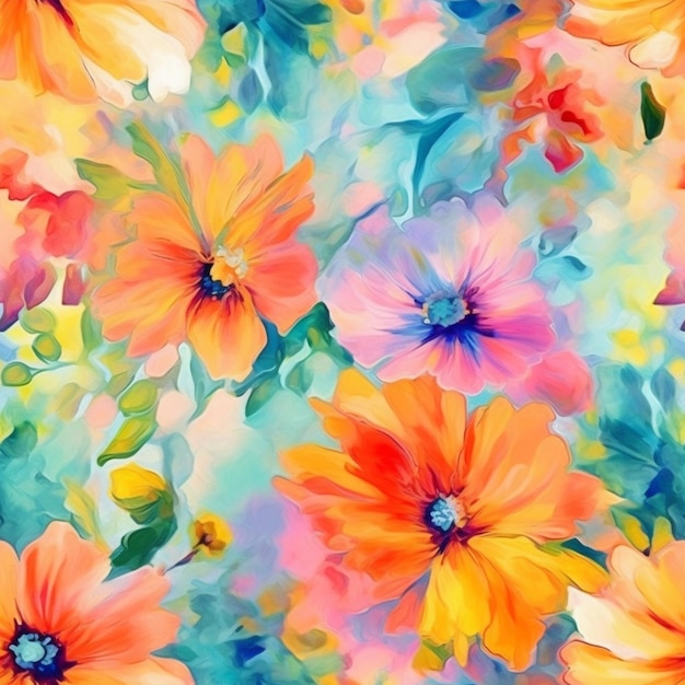 Una pintura floral colorida con un fondo colorido.