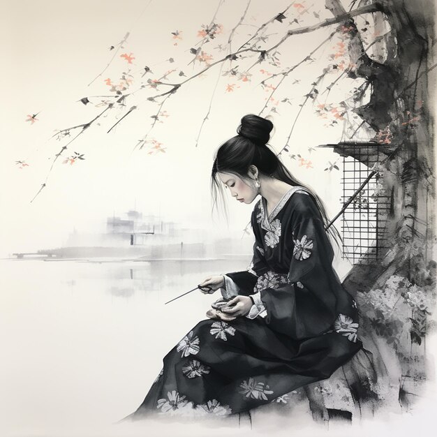 Pintura floral contemporânea com tinta japonesa