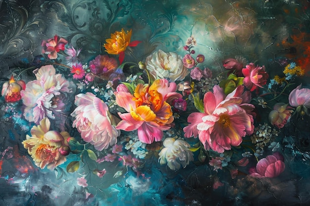 Pintura floral etérea con flores de ensueño