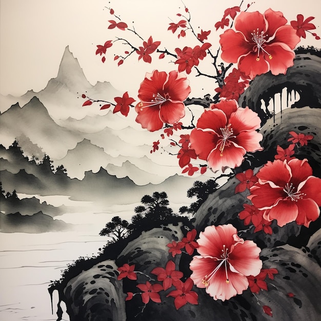 Pintura floral japonesa Sumie em preto e branco