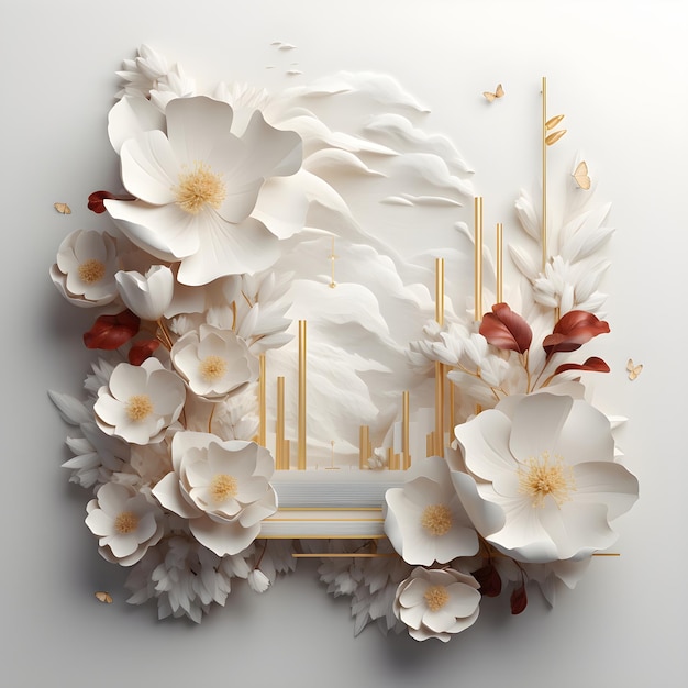 Foto pintura floral simple en 3d papel tapiz mural gris fondo blanco ai generativo