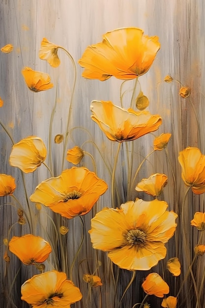 Una pintura de flores amarillas con la palabra amapolas.