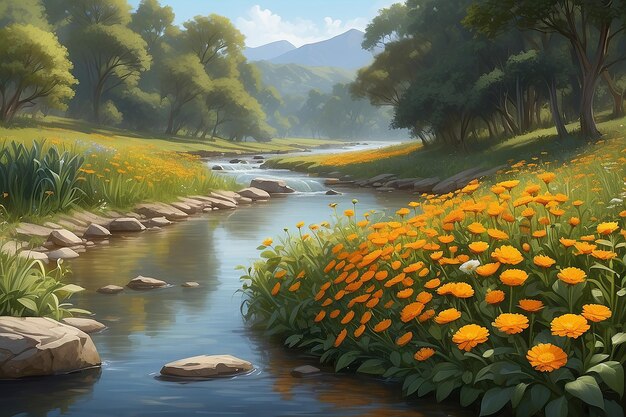 una pintura de flores amarillas por un río con montañas en el fondo