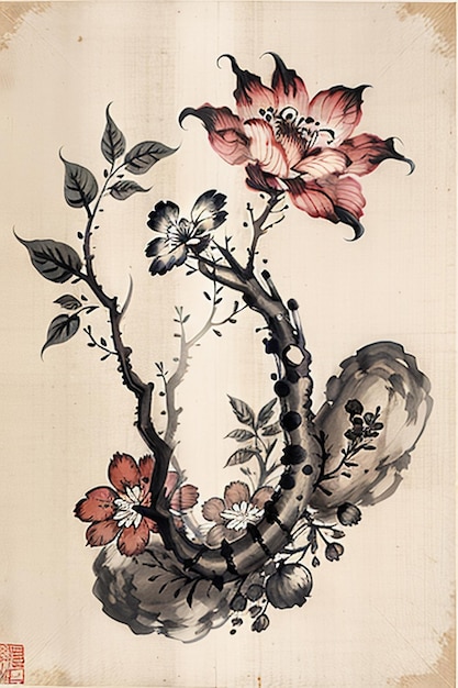 Pintura de flores antiguas de estilo acuarela china Una colección de flores de una rama Exposición de arte