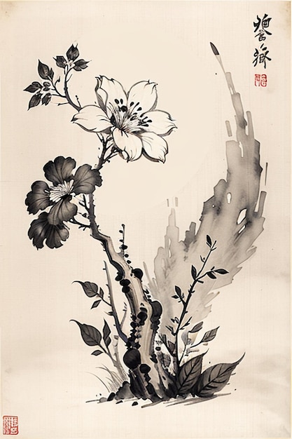 Pintura de flores antiguas de estilo acuarela china Una colección de flores de una rama Exposición de arte