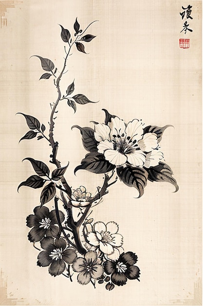 Pintura de flores antiguas de estilo acuarela china Una colección de flores de una rama Exposición de arte