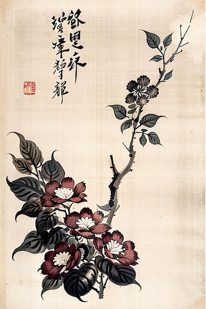 Pintura de flores antiguas de estilo acuarela china Una colección de flores de una rama Exposición de arte