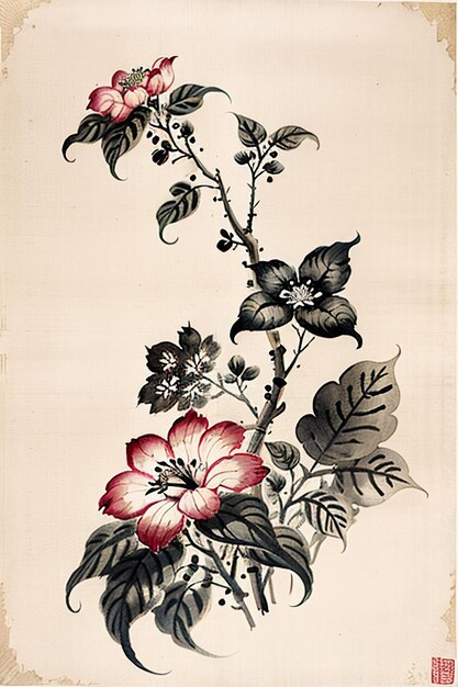 Pintura de flores antiguas de estilo acuarela china Una colección de flores de una rama Exposición de arte