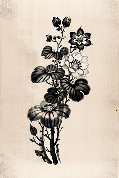 Foto pintura de flores antiguas de estilo de tinta de acuarela china, exposición de arte de colección de flores de rama