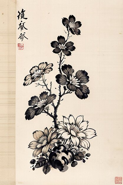 Pintura de flores antiguas de estilo de tinta de acuarela china, exposición de arte de colección de flores de rama