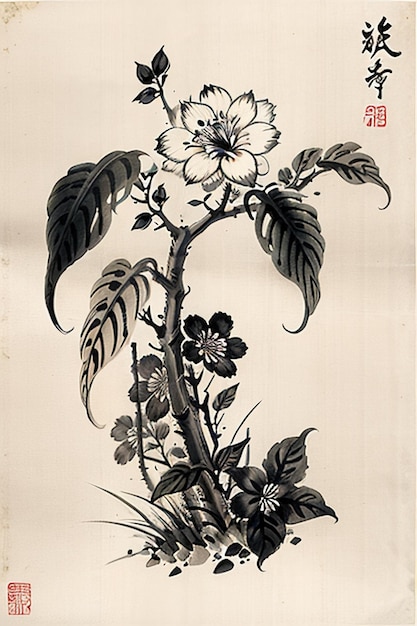 Pintura de flores antiguas de estilo de tinta de acuarela china, exposición de arte de colección de flores de rama