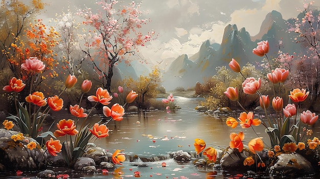 una pintura de flores y árboles con un río en el fondo